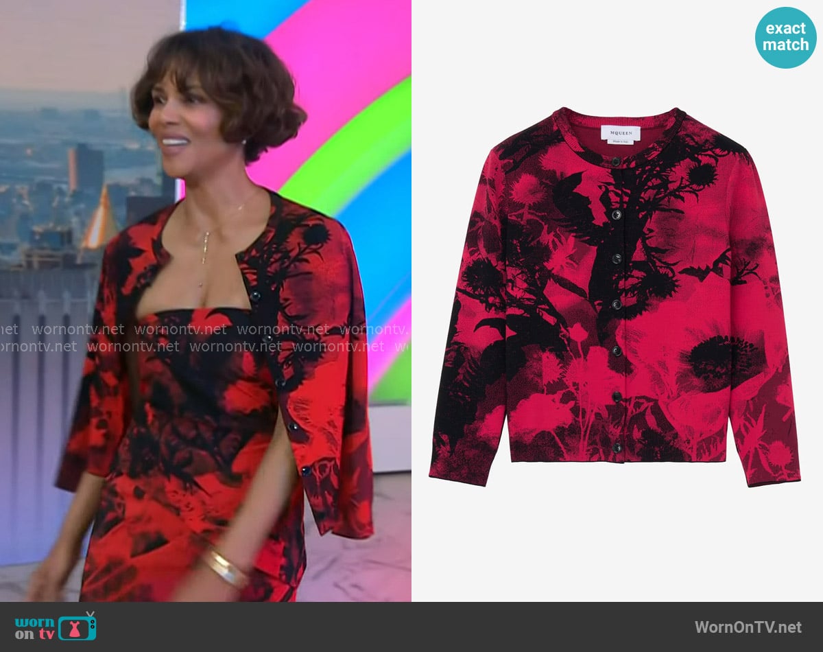 Halle Berry’s red and black print cardigan on Today Halle Berry’s red and black print cardigan on Today