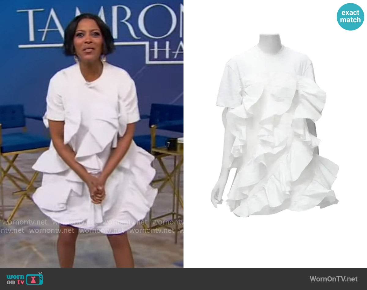 Alexander McQueen Hybrid white spiral ruffle cotton tshirt dress worn by Tamron Hall on Tamron Hall Show