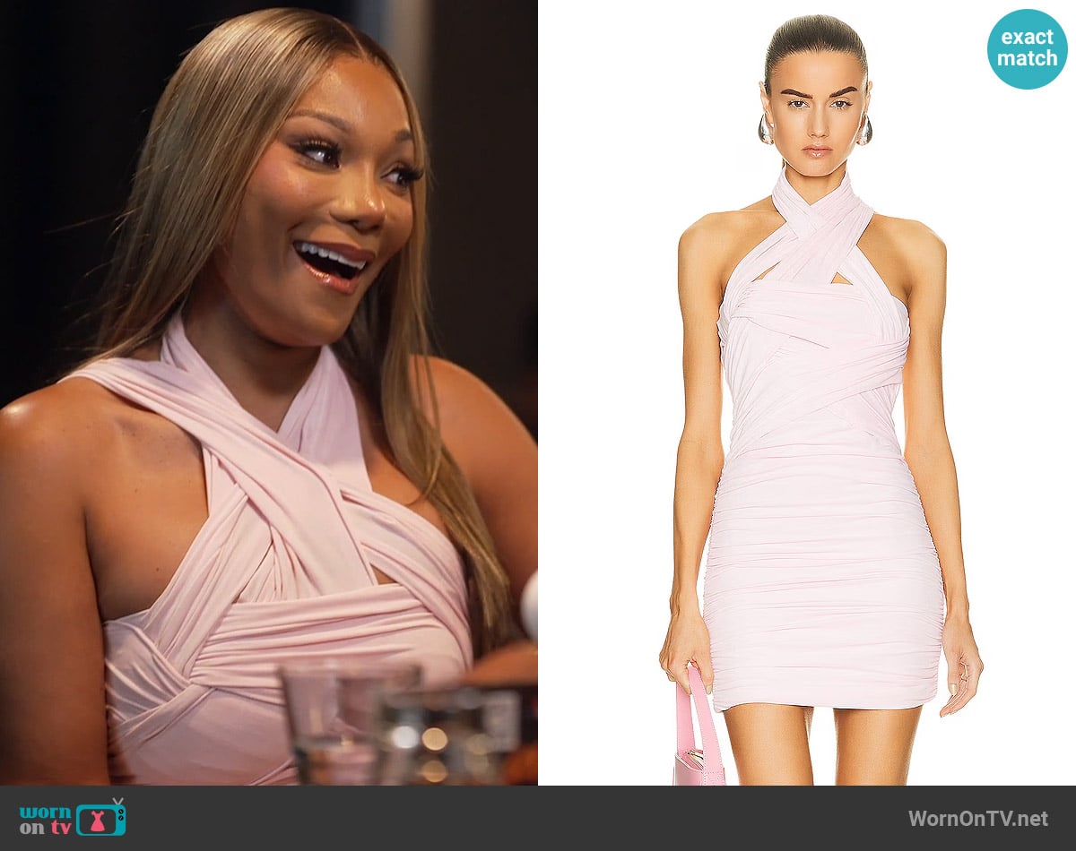 Alexander Wang Interwoven Mini Halter Dress in Light Pink worn by Angela Oakley on The Real Housewives of Atlanta