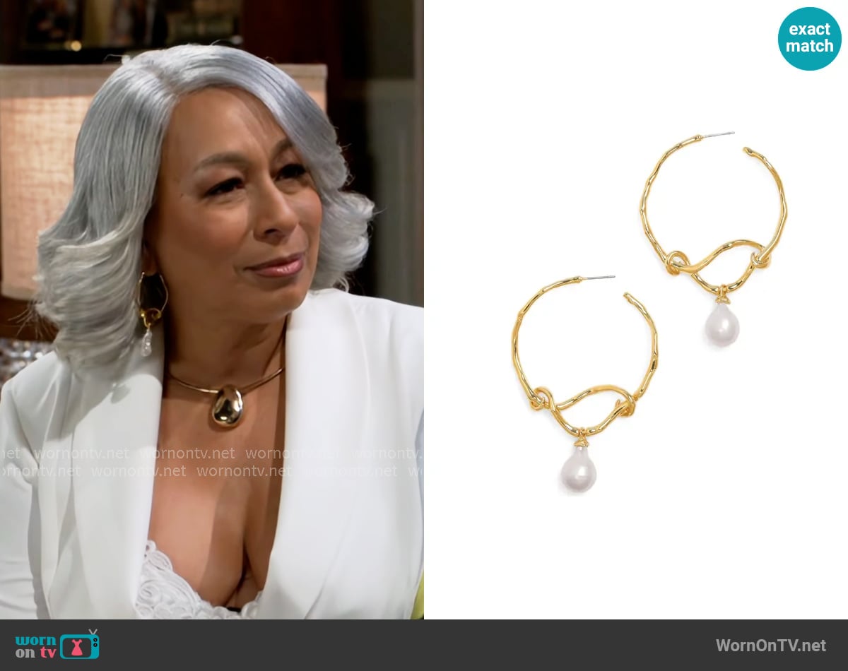 Alexis Bittar Twisted Pearl Drop Hoop Earrings worn by Anita Dupree (Tamara Tunie) on Beyond the Gates