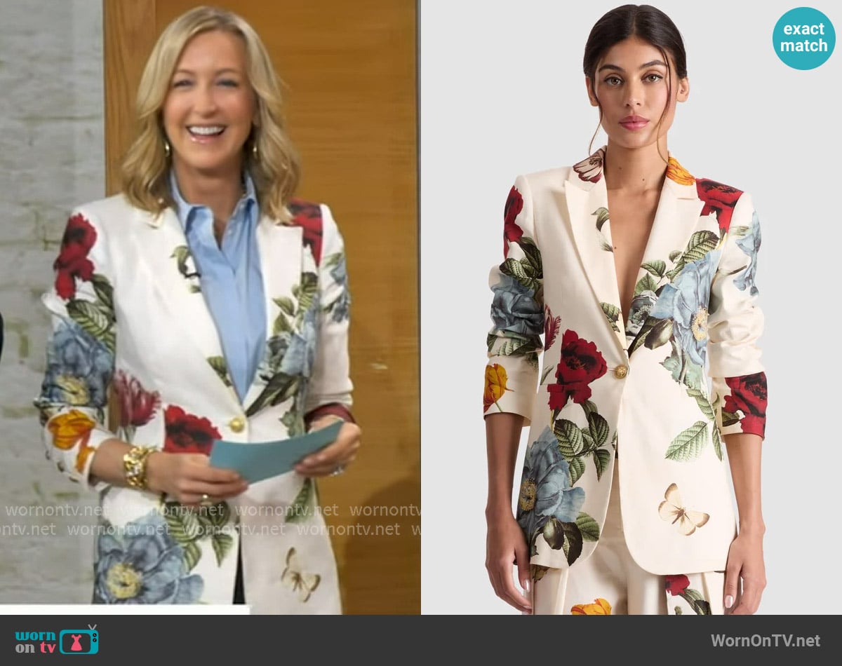 Alice + Olivia Breann Printed Linen-Blend Blazer in provence floral lg worn by Lara Spencer on Good Morning America