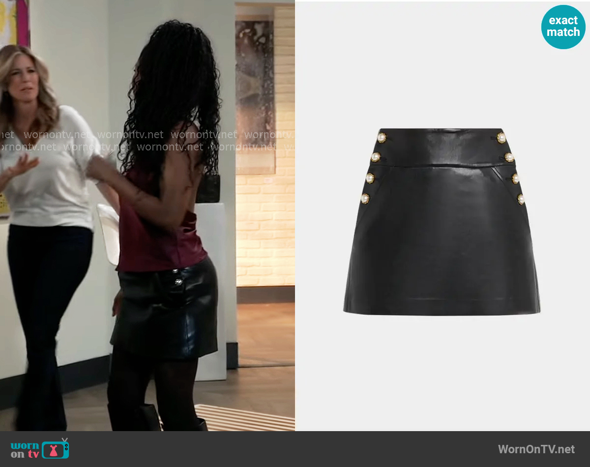 Alice + Olivia Donald Button Trim Faux Leather Miniskirt worn by Trina Robinson (Tabyana Ali) on General Hospital