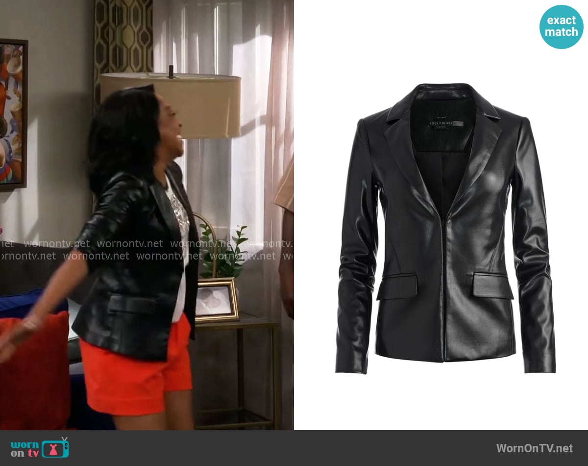 Alice + Olivia Mya Vegan Leather Notch Collar Blazer worn by Tina Butler (Tichina Arnold) on The Neighborhood