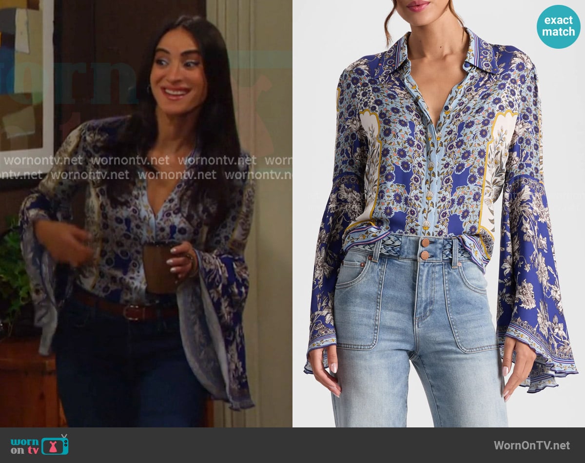 Alice + Olivia Willa Shirt in Forevermore worn by Gabi Hernandez (Cherie Jimenez) on Days of our Lives
