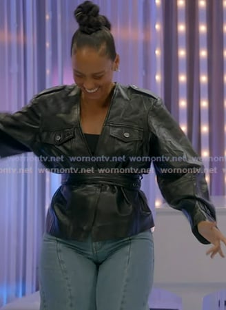 Alicia Keys’s black leather wral jacket on American Idol