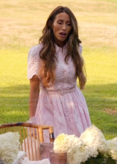 Alicia’s pink mini broderie dress on The Real Housewives of Rhode Island