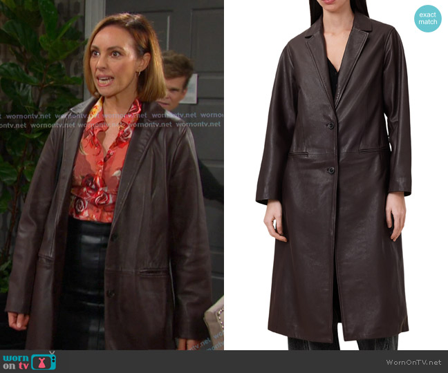 All Saints Aire Long Line Leather Coat in Oxblood Red worn by Gwen Rizczech (Emily O'Brien) on Days of our Lives