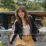 Allie’s navy side stripe zip jacket and beige mini skirt on Off Campus