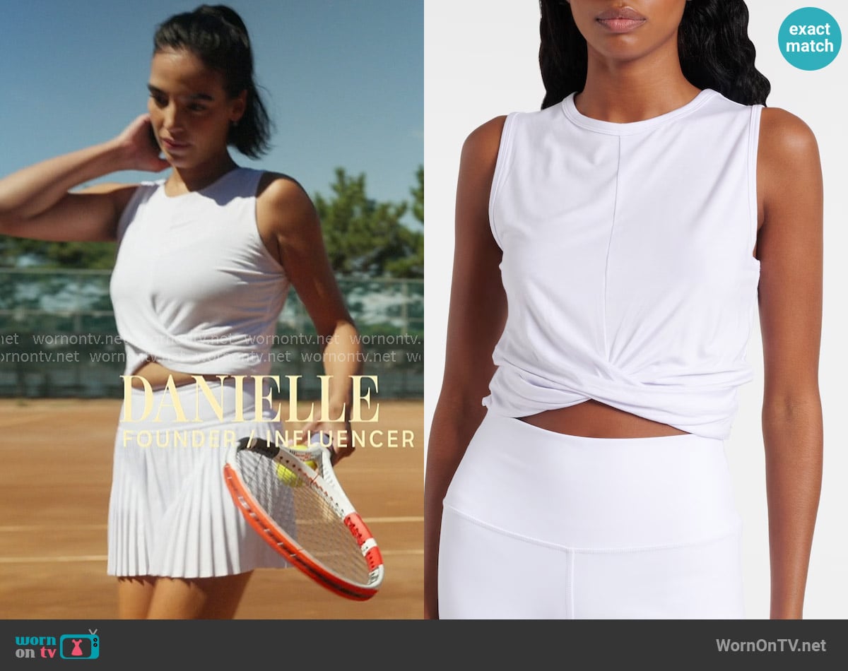 Alo Yoga Cover Tank in White worn by Danielle Olivera on In The City