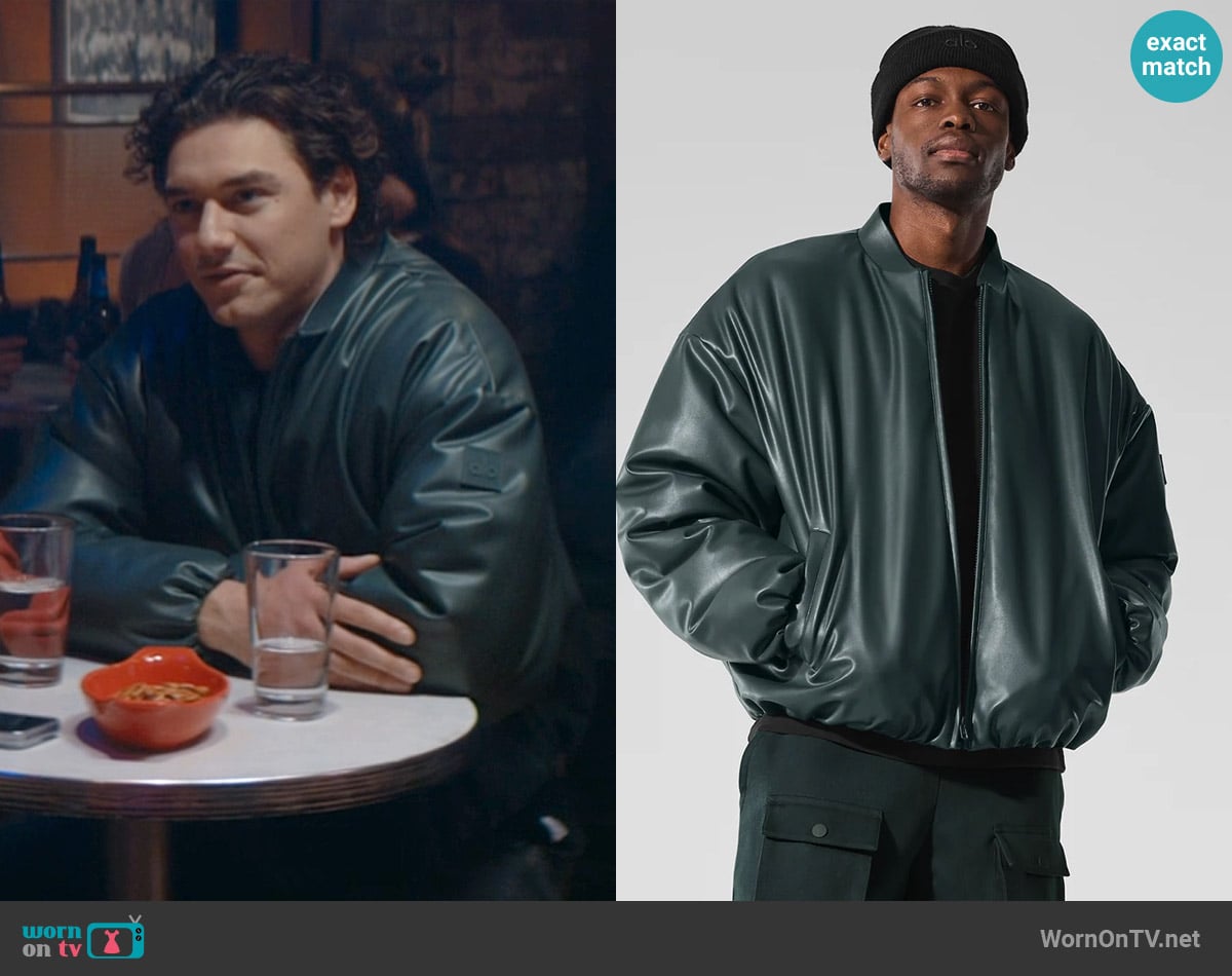 Alo Yoga Faux Leather Premier Bomber worn by Garrett Graham (Belmont Cameli) on Off Campus