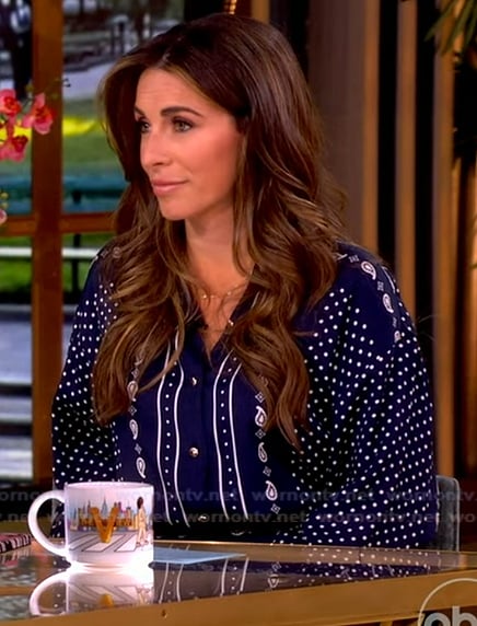 Alyssa’s navy paisley print blouse and pants on The View