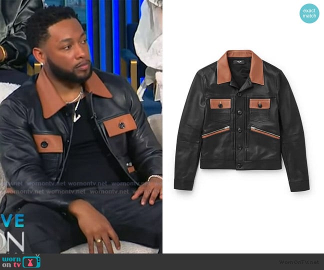 Amiri Contrast-detailed leather trucker jacket worn by Jacob Latimore on Tamron Hall Show
