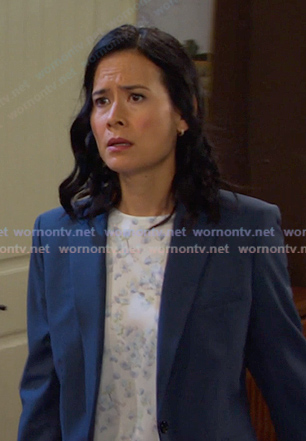 Amy’s white floral print top on Days of our Lives