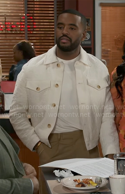 Andre’s white textured jacket on Beyond the Gates