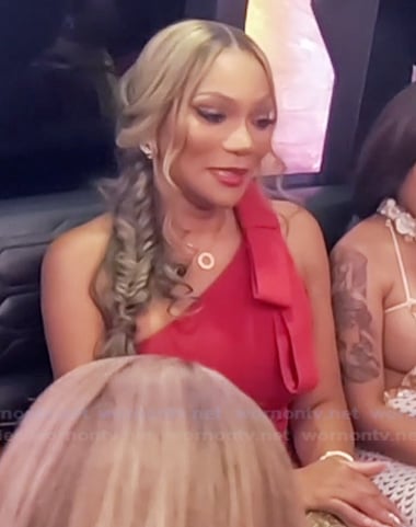Angela’s red tie shoulder dress on The Real Housewives of Atlanta
