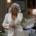 Anita’s white scarf detail blazer on Beyond the Gates