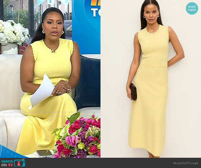 Ann Taylor Scalloped Midi Dress in Fresh Pineapple worn by Sheinelle Jones on Today