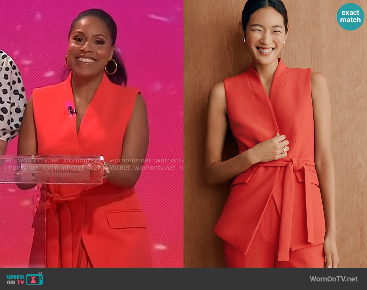 Ann Taylor The Belted Long Vest in Fiery Sunset worn by Sheinelle Jones on Today