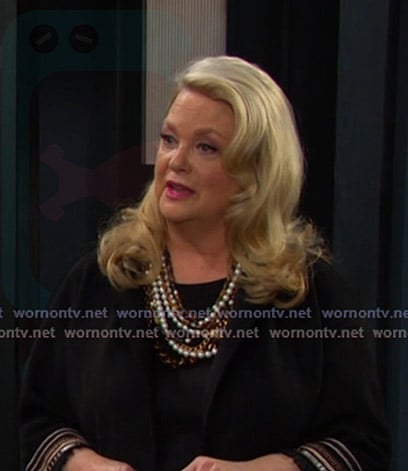 Anna’s black striped fringe hem open jacket on Days of our Lives