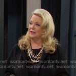 Anna’s black striped fringe hem open jacket on Days of our Lives