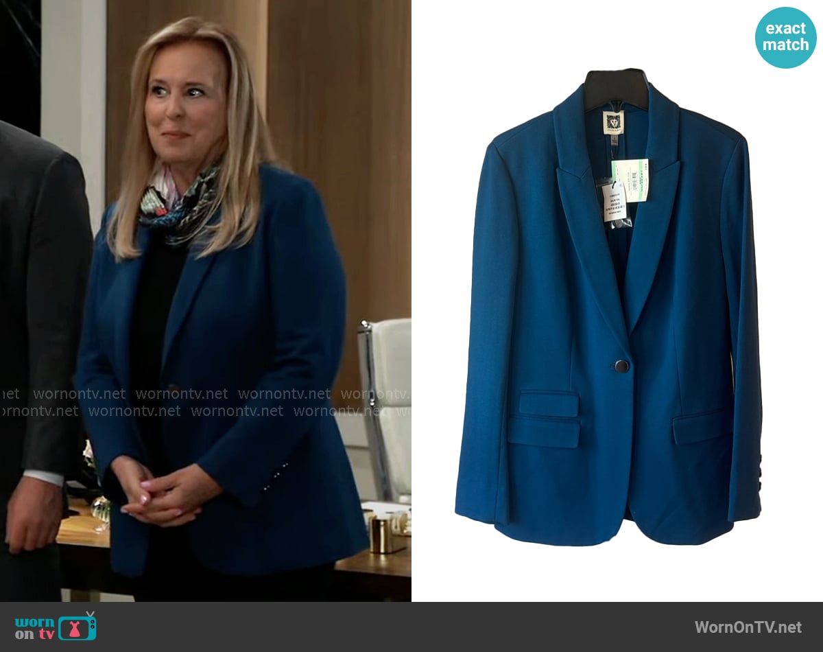 Anne Klein Teal Blazer worn by Laura Collins (Genie Francis) on General Hospital