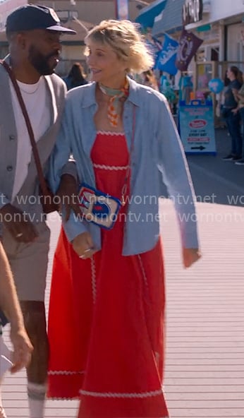 Anne’s red maxi dress with rick rack trims and fish bag on The Four Seasons