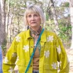 Anne's yellow floral jacket and turquoise blue crossbody phone bag on The Four Seasons