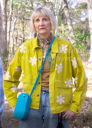 Anne’s yellow floral jacket and turquoise blue crossbody phone bag on The Four Seasons