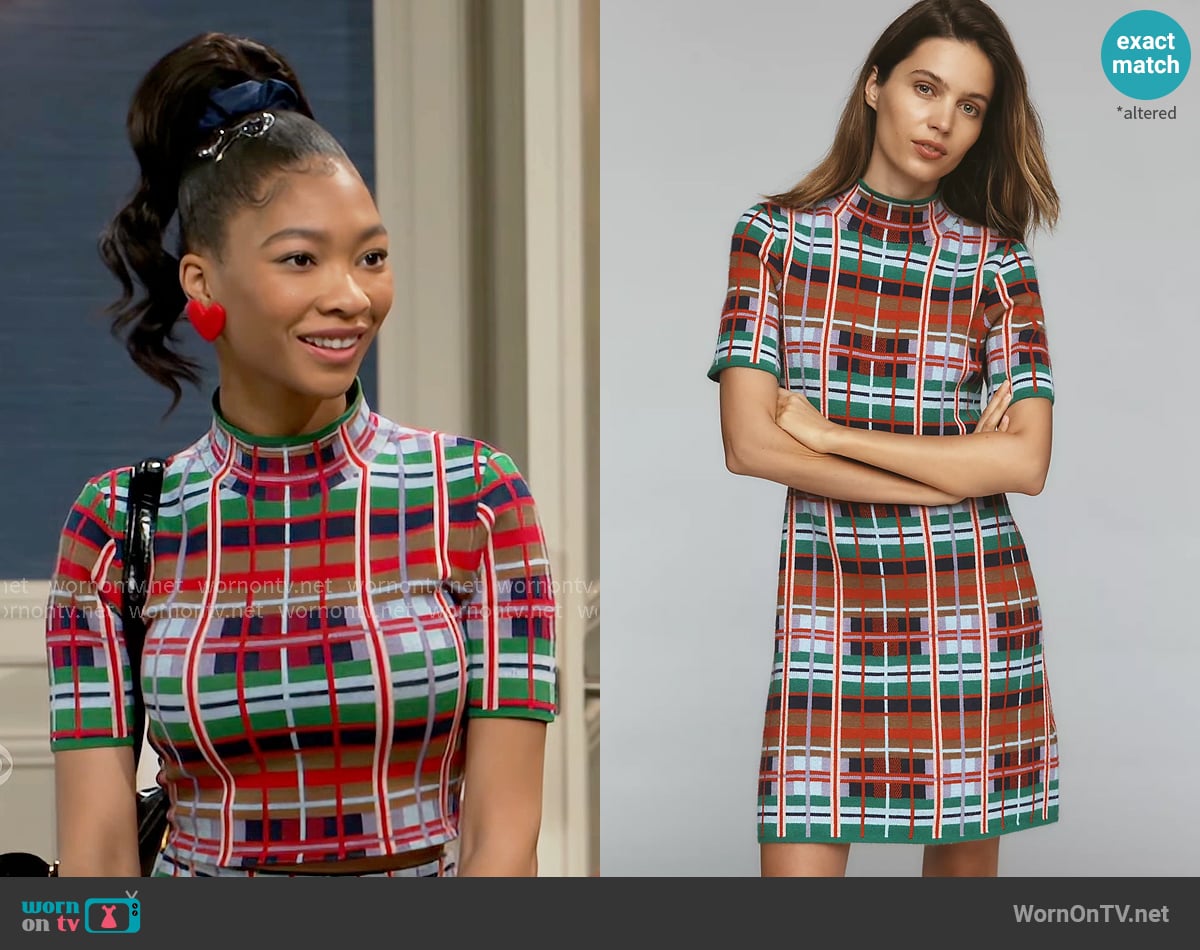 Anthropologie Nina Short-Sleeve Mock-Neck Mod Sweater Mini Dress in Rainbow Plaid worn by Jessica Harris (Camryn Jade) on Beyond the Gates