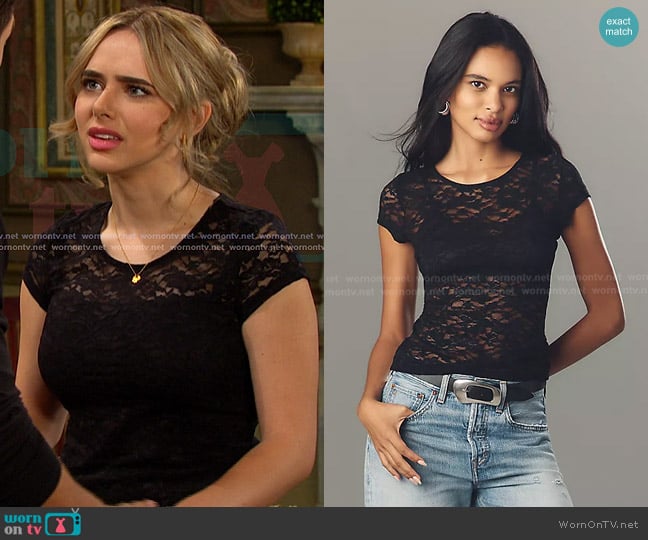 Anthropologie Short-Sleeve Crew-Neck Lace Top worn by Holly Jonas (Ashley Puzemis) on Days of our Lives