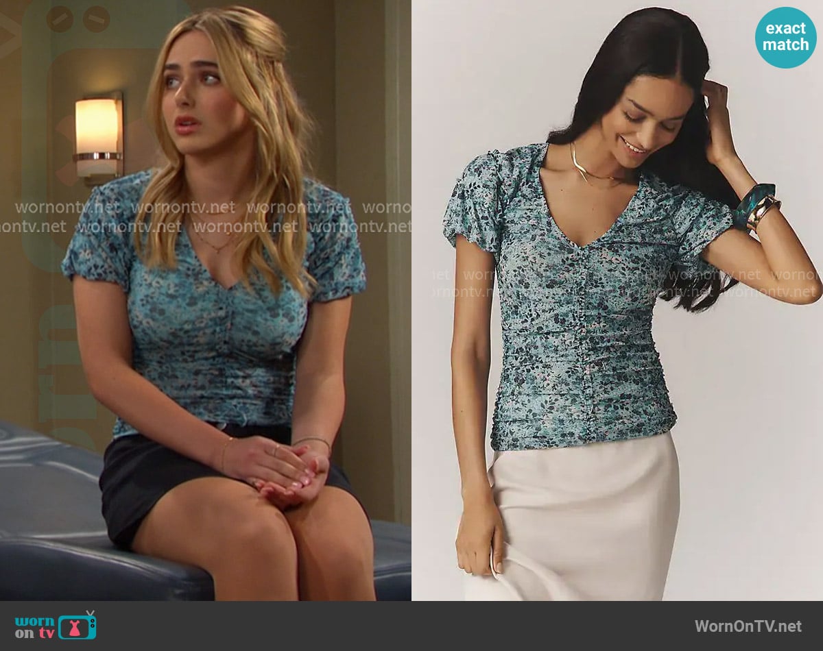 Anthropologie Short-Sleeve Shirred Mesh Top worn by Holly Jonas (Ashley Puzemis) on Days of our Lives