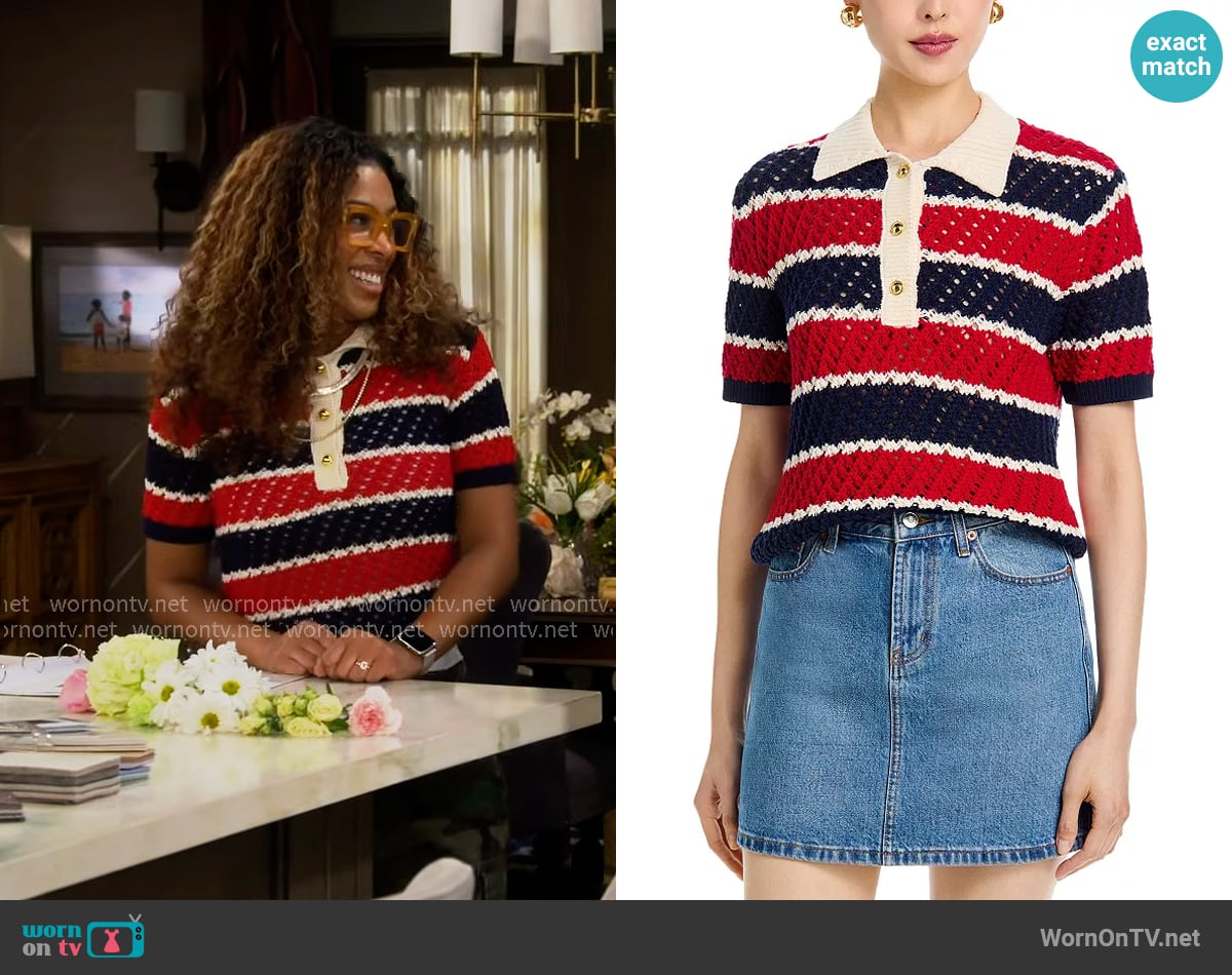 Aqua Striped Short Sleeved Rugby Sweater worn by Courtney (Skye Townsend) on The Neighborhood
