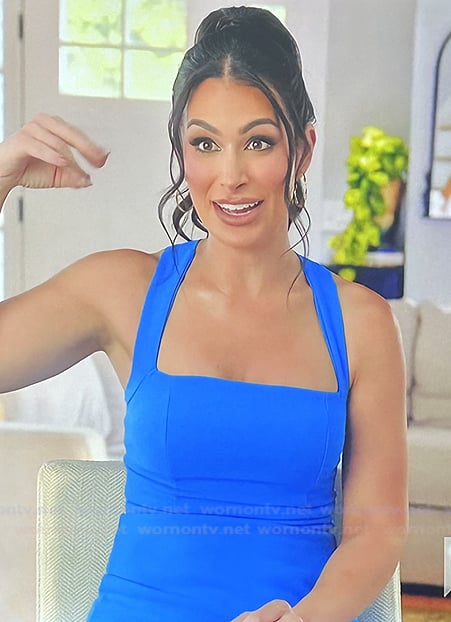 Ashley’s blue square neck dress on The Real Housewives of Rhode Island