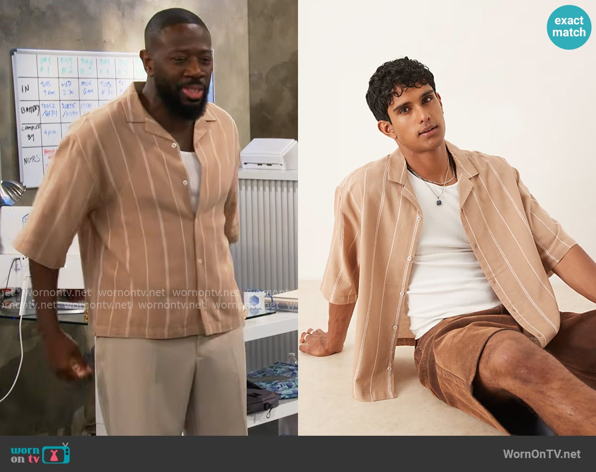 ASOS Design Boxy oversized camp collar textured shirt in stone and white stripe worn by Malcom (Sheaun McKinney) on The Neighborhood