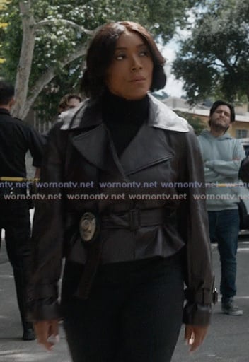 Athena’s black leather crop trench jacket on 9-1-1