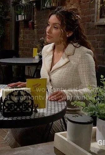 Audra’s beige tweed dress on The Young and the Restless