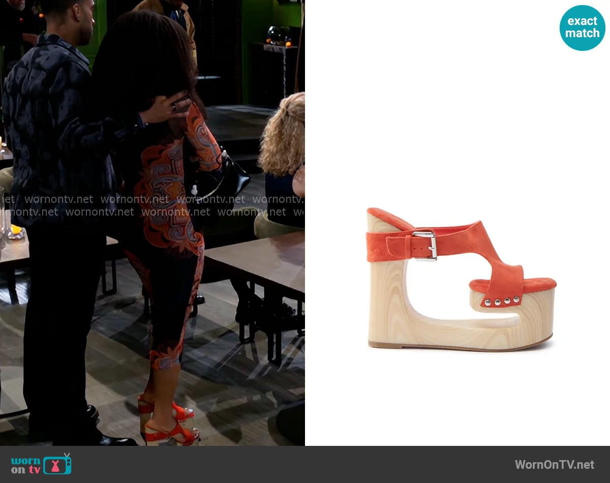 Azalea Wang Copse Orange Sandal worn by Eva Thomas (Ambyr Michelle) on Beyond the Gates