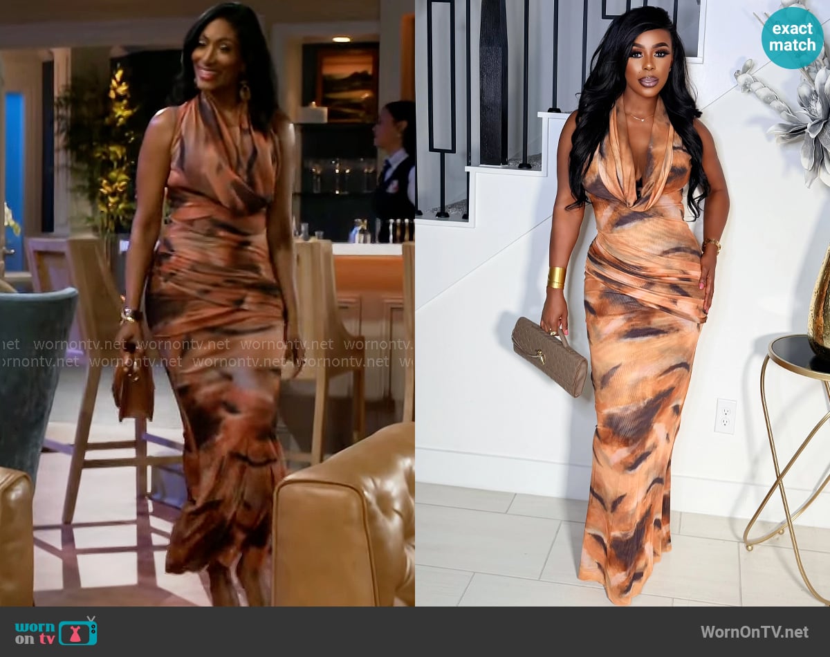 B.L.U.S.H. by Joelle Desert Draped Maxi Dress in Rust worn by Dana 'Leslie' Thomas (Trisha Mann-Grant) on Beyond the Gates