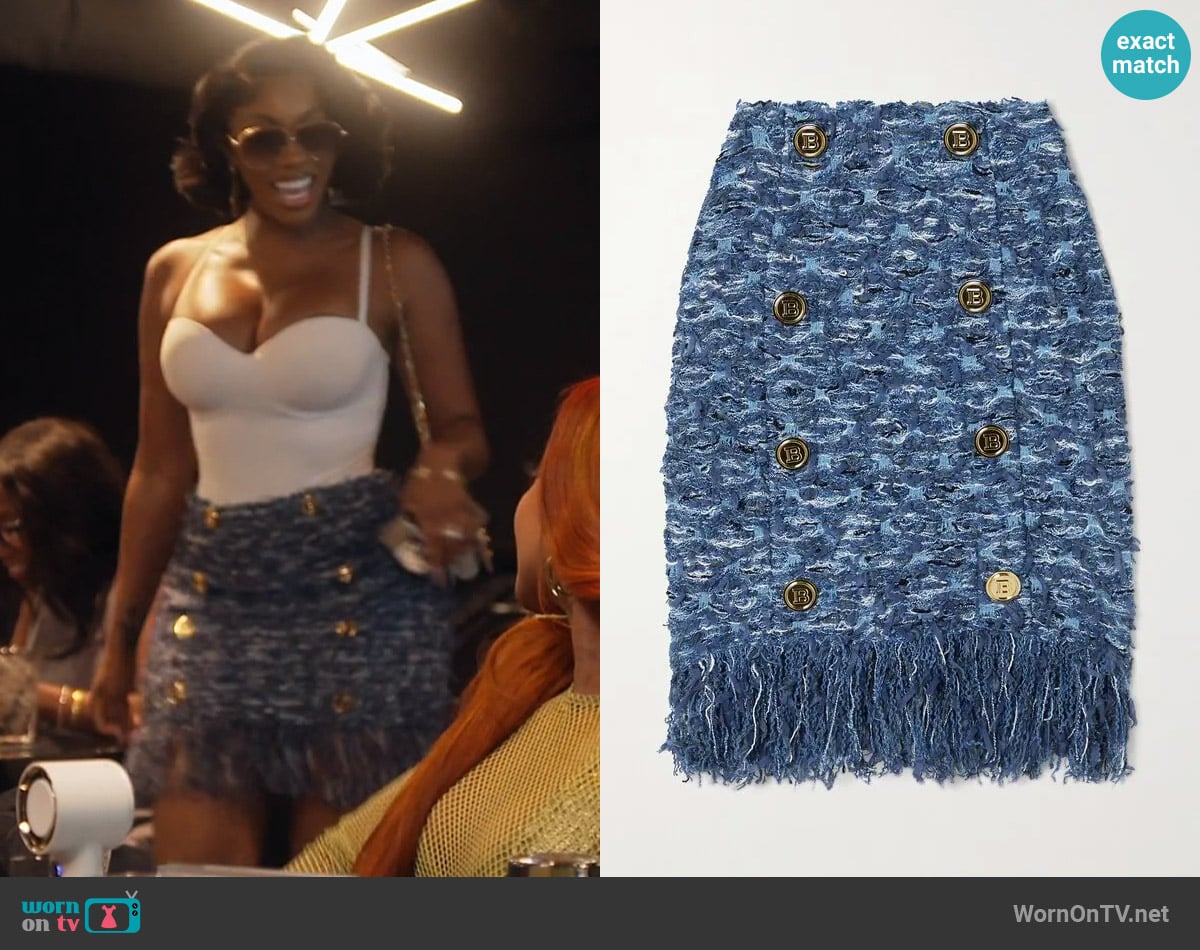 Balmain Button-embellished fringed tweed mini skirt worn by Porsha Williams on The Real Housewives of Atlanta