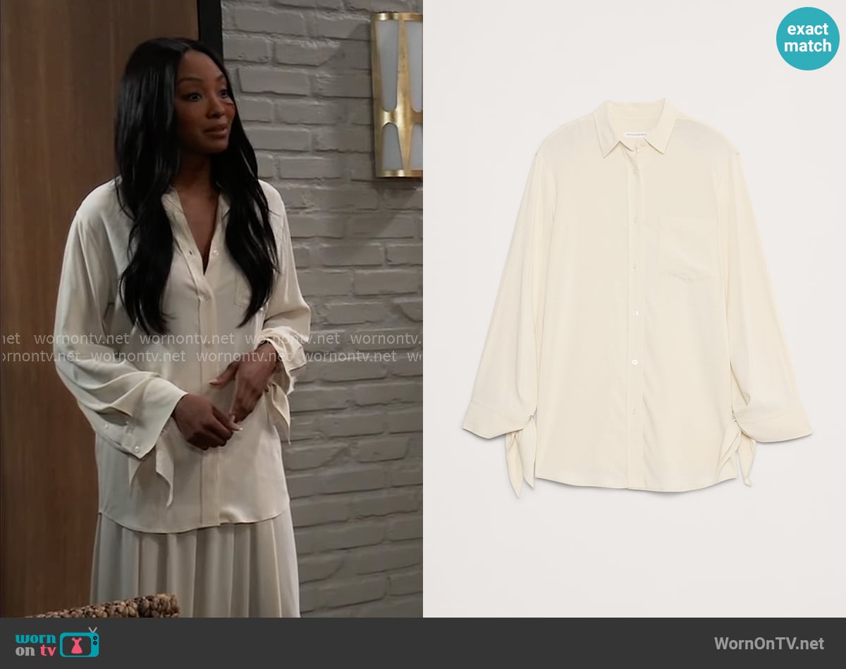 Banana Republic Georgette Tie-Cuff Shirt in Stone Twill Beige worn by Jordan Ashford (Tanisha Mariko Harper) on General Hospital