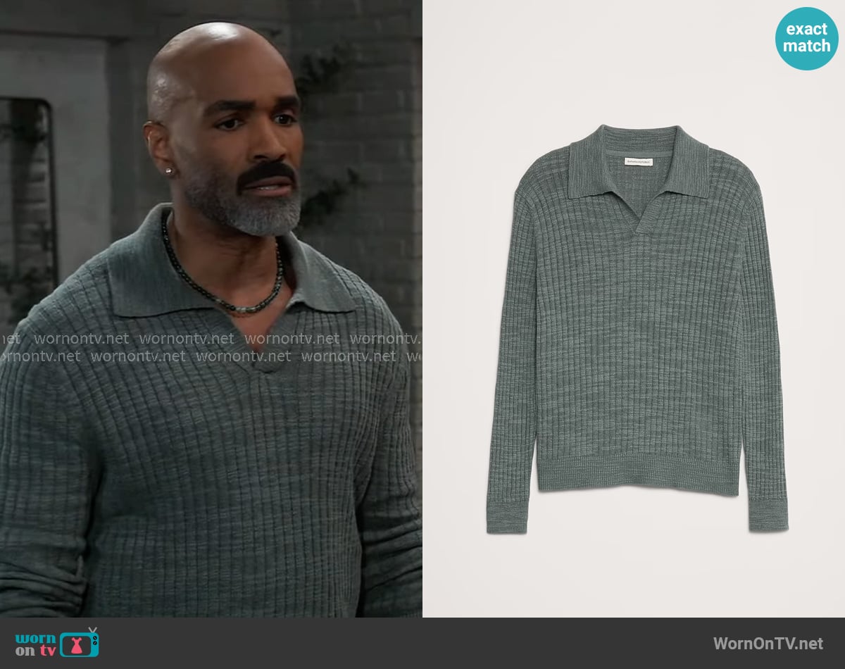 Banana Republic Linen-Cotton Slub Sweater Polo in The Blues worn by Curtis Ashford (Donnell Turner) on General Hospital