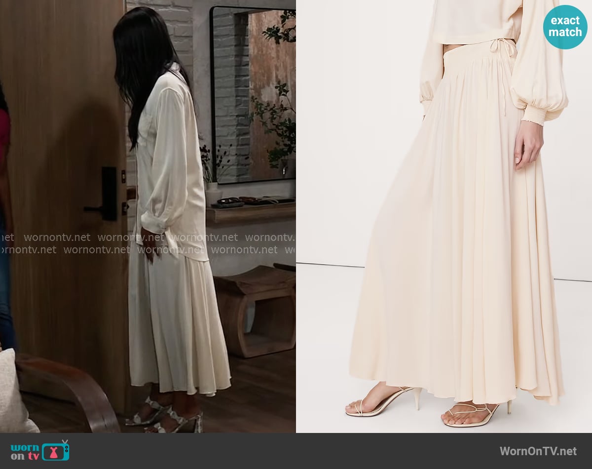 Banana Republic Smocked Georgette Maxi Skirt in Stone Twill Beige worn by Jordan Ashford (Tanisha Mariko Harper) on General Hospital