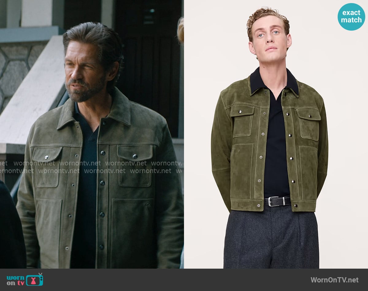 Banana Republic Suede Trucker Jacket in Light Pine Green worn by Phil Graham (Steve Howey) on Off Campus