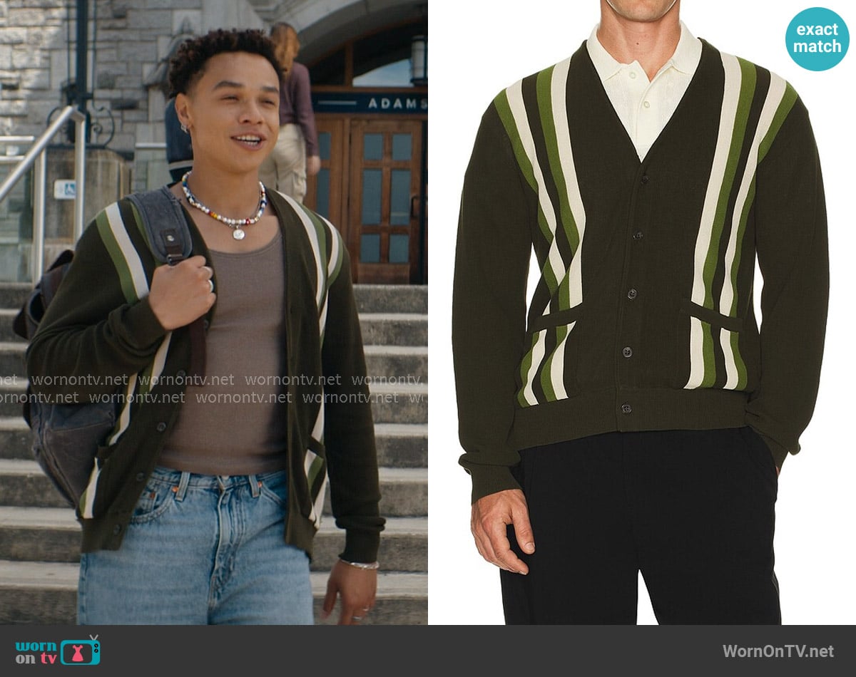 Beams Plus Cardigan Stripe in Green worn by Dexter (Miles Gutierrez-Riley) on Off Campus