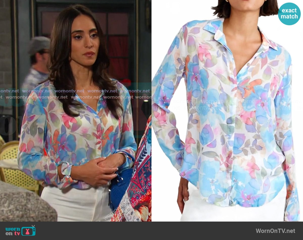 Bella Dahl Hipster Floral Shirt in Blue worn by Gabi Hernandez (Cherie Jimenez) on Days of our Lives