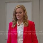 Belle’s red ruched sleeve blazer and pants on Days of our Lives