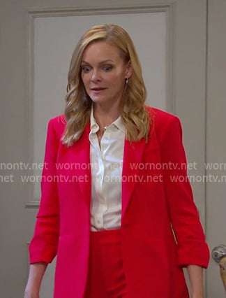 Belle’s red ruched sleeve blazer and pants on Days of our Lives