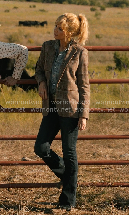 Beth’s checked blazer and swan earrings on Dutton Ranch