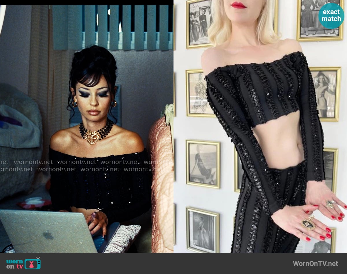Betsey Johnson 1980s Punk Label Sequin Stretch Crop Top worn by Maddy Perez (Alexa Demie) on Euphoria