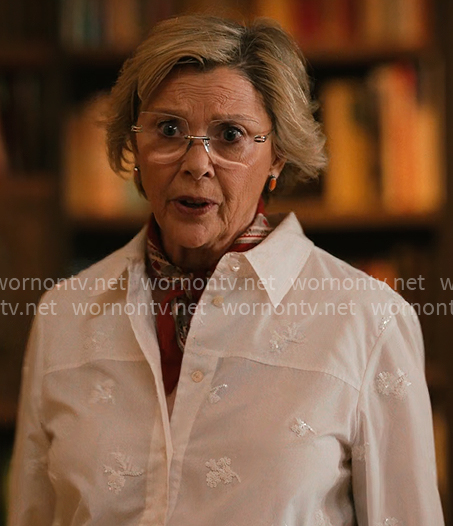 Beulah’s white embellished button down shirt on Dutton Ranch